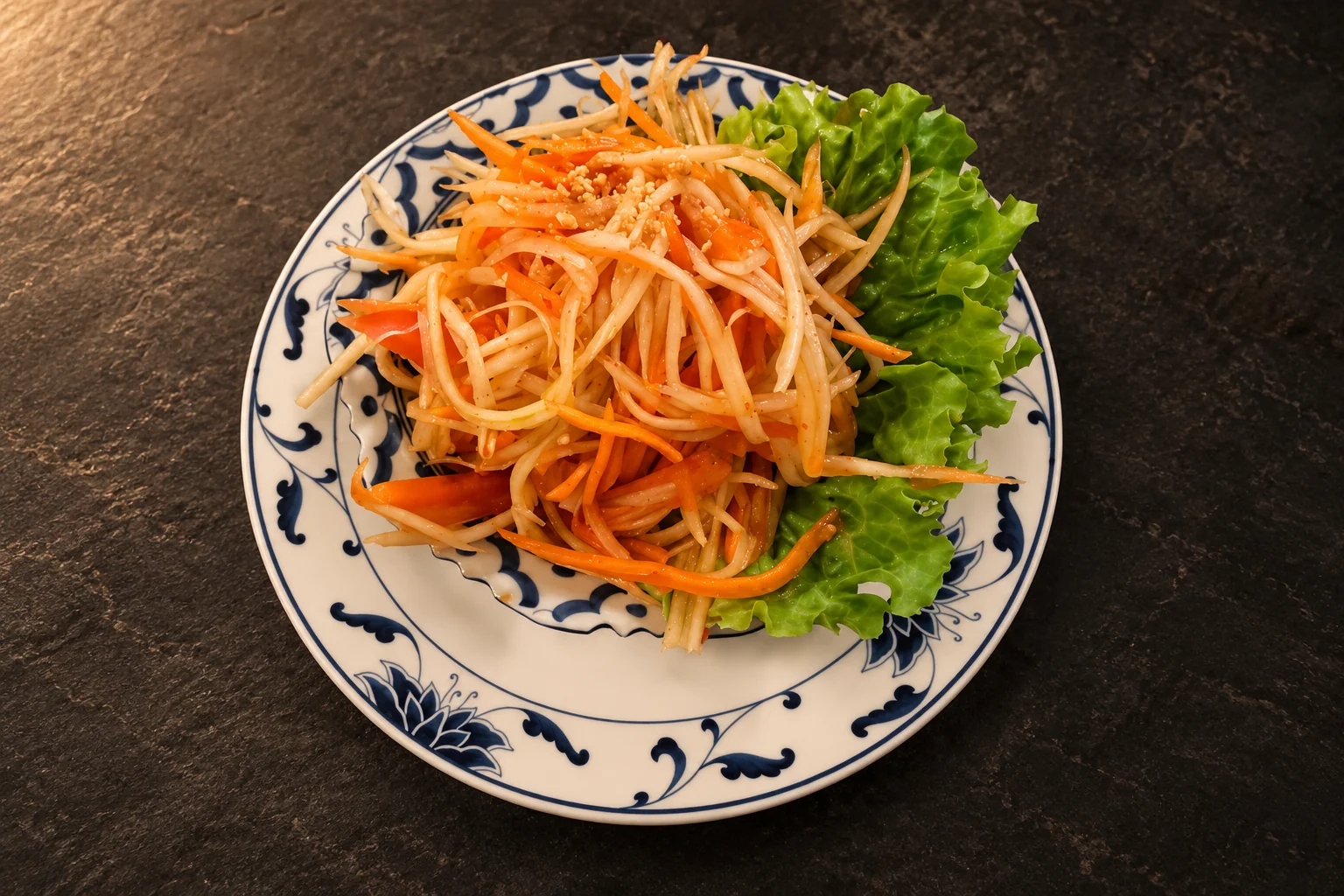 010C.TAM SOUM on a blue and white plate against a dark background