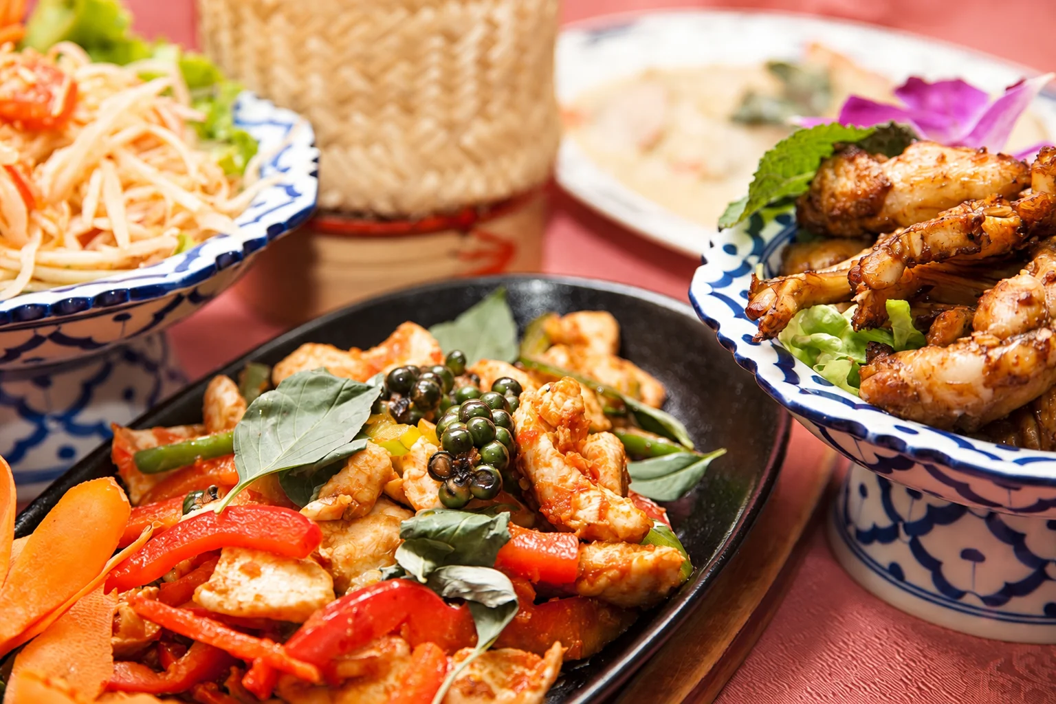 Dishes on a red tablecloth